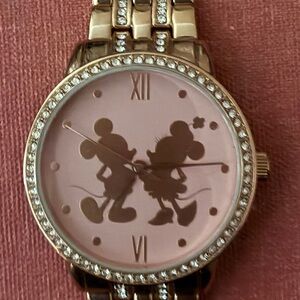 Disney Gold Tone Pink Dial Mickey & Minnie Crystal Accent Watch